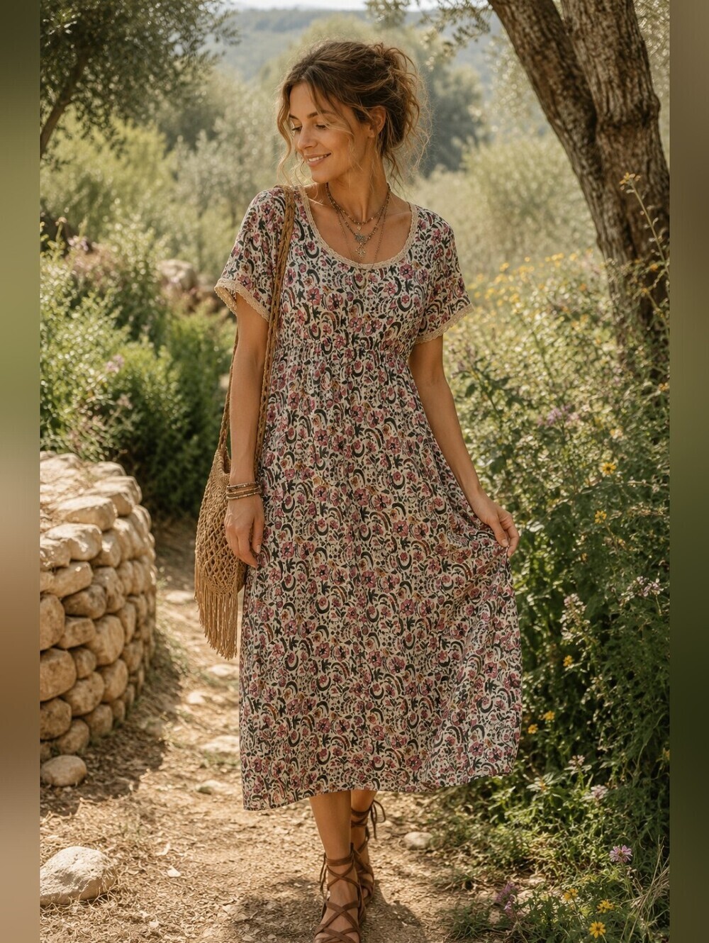 The Shop India Floral Block Print Cotton Empire Waist Midi Dress Lace Trim Small - Picture 1 of 7